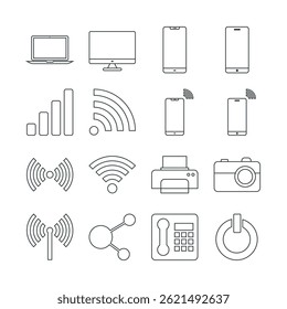 Conjunto de iconos de Tecnología y comunicación de contorno: estilo de línea mínimo