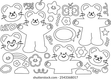 Contorno de ursinho de pelúcia, borboleta, cereja, flores, estrela, arco-íris para personagem de desenho animado, quadrinhos, mascote, cartão de saudação, animais, zoológico, lembrança, emoji feliz, patch bonito, livro de colorir criança, arte, pintura