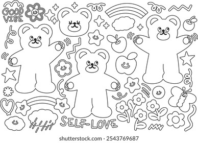 Esquema de oso de peluche, mariposa, cereza, flores, estrella, manzana, arco iris para el personaje de dibujos animados, cómic, mascota, tarjeta de felicitación, animales, zoológico, tienda de recuerdos, parche lindo, libro para colorear para niños, arte, pintura