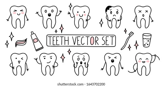outline teeth character for dentists Sick happy cute tooth