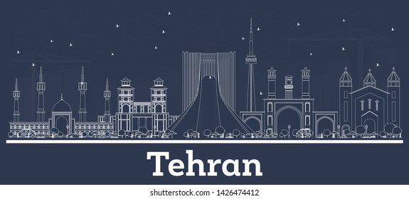 Outline Tehran Iran City Skyline With White Buildings. Vector Illustration. Business Travel And Tourism Concept With Historic Architecture. Tehran Cityscape With Landmarks.