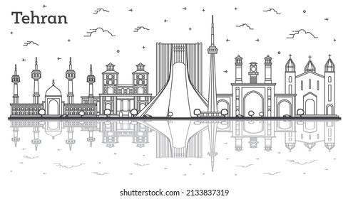 Outline Tehran Iran City Skyline with Historic Buildings and Reflections Isolated on White. Vector Illustration. Teheran Persia Cityscape with Landmarks.