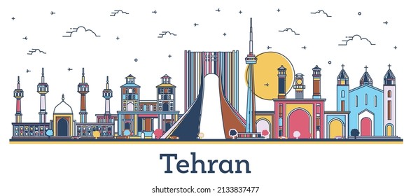 Outline Tehran Iran City Skyline with Colored Historic Buildings Isolated on White. Vector Illustration. Teheran Persia Cityscape with Landmarks.