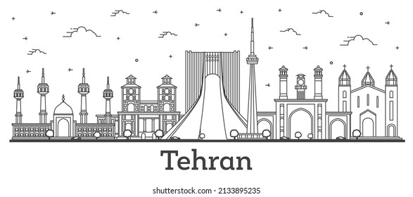 Outline Tehran Iran City Skyline with Modern and Historic Buildings Isolated on White. Vector Illustration. Teheran Persia Cityscape with Landmarks.