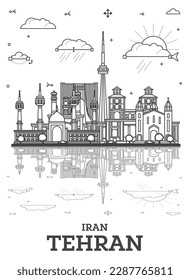 Skyline von Teheran Iran City mit historischen Gebäuden und Reflektionen einzeln auf Weiß. Vektorgrafik. Das Stadtbild von Persia mit Sehenswürdigkeiten.