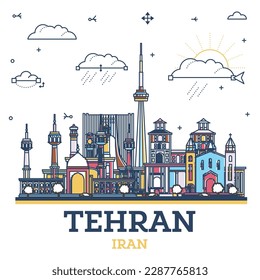 Skyline von Teheran Iran City mit farbigen historischen Gebäuden einzeln auf Weiß. Vektorgrafik. Das Stadtbild von Persia mit Sehenswürdigkeiten.