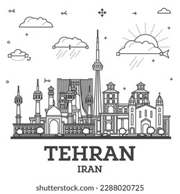 Skyline von Teheran Iran City mit modernen und historischen Gebäuden einzeln auf Weiß. Vektorgrafik. Das Stadtbild von Persia mit Sehenswürdigkeiten.