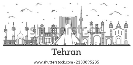 Outline Tehran Iran City Skyline with Modern and Historic Buildings Isolated on White. Vector Illustration. Teheran Persia Cityscape with Landmarks.