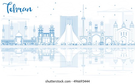 Esbozar el horizonte de Teherán con puntos de referencia y reflexiones azules. Ilustración vectorial. Concepto de viajes de negocios y turismo con arquitectura histórica. Imagen para Presentación Placard Banner y Sitio Web.