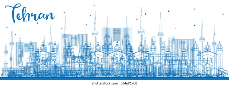 Outline Tehran Skyline with Blue Landmarks. Vector Illustration. Business Travel and Tourism Concept with Historic Buildings. Image for Presentation Banner Placard and Web Site.