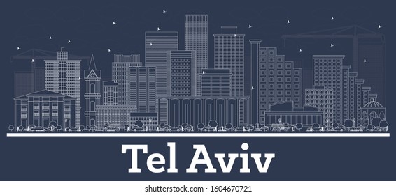 Outline Tel Aviv Israel City Skyline with White Buildings. Vector Illustration. Business Travel and Tourism Concept with Modern Architecture. Tel Aviv Cityscape with Landmarks.