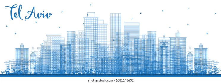 Esquema del Skyline de Tel Aviv Israel con edificios azules. Ilustración vectorial. Concepto de viajes de negocios y turismo con arquitectura moderna. Paisaje urbano de Tel Aviv con monumentos.