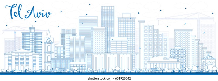 Esquema del Skyline Tel Aviv con edificios azules. Ilustración vectorial. Concepto de viajes de negocios y turismo con arquitectura moderna. Imagen de Presentación Placard Banner y Sitio Web.