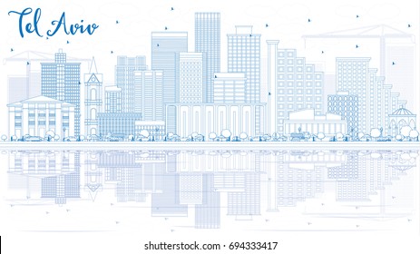 Outline Tel Aviv Skyline with Blue Buildings and Reflections. Vector Illustration. Business Travel and Tourism Concept with Modern Architecture. Image for Presentation Banner Placard and Web Site.