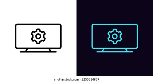 Outline television icon, with editable stroke. TV screen frame with gear sign, television settings pictogram. Broadcast video setting control, display adjustment, tv channel configuration. Vector icon