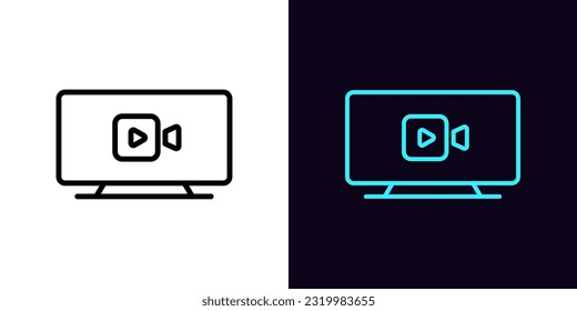 Outline television icon, with editable stroke. TV screen with video camera sign, television content. Movie channel, TV series, live show, cinema series, video interview, news broadcast. Vector icon