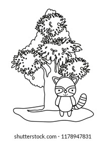 outline tender raccoon wild animal and tree