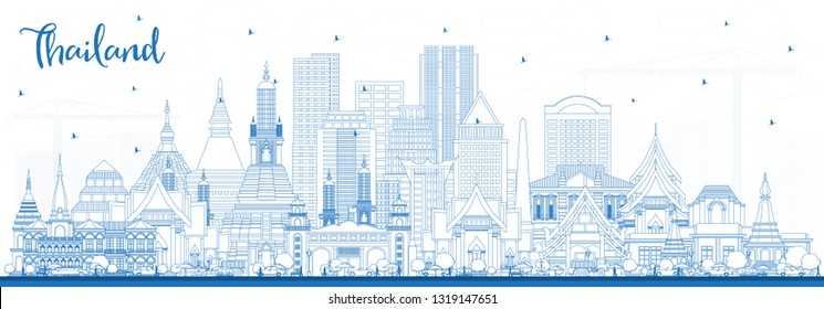 Outline Thailand City Skyline with Blue Buildings. Vector Illustration. Tourism Concept with Historic Architecture. Thailand Cityscape with Landmarks.