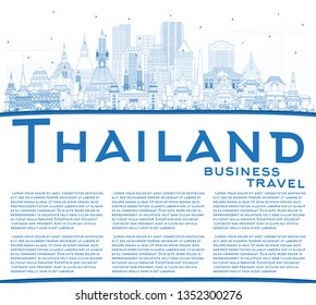 Outline Thailand City Skyline with Blue Buildings and Copy Space. Vector Illustration. Tourism Concept with Historic Architecture. Thailand Cityscape with Landmarks. 