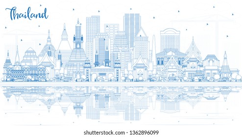 Outline Thailand City Skyline with Blue Buildings and Reflections. Vector Illustration. Tourism Concept with Historic Architecture. Thailand Cityscape with Landmarks. 