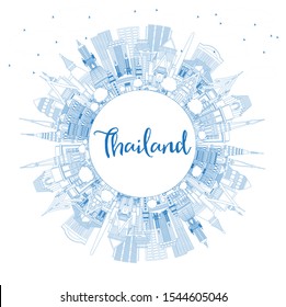 Outline Thailand City Skyline with Blue Buildings and Copy Space. Vector Illustration. Tourism Concept with Historic Architecture. Thailand Cityscape with Landmarks.