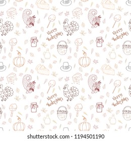 Outline Thanksgiving day pattern with cornucopia, basket, turkey, pumpkin, jar of jam, caramel apple, corn cake, pumpkin pie, pilgrim hat, juice bottle and autumn leaves. White background leaves.