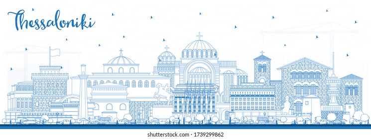 Outline Thessaloniki Greece City Skyline with Blue Buildings. Vector Illustration. Business Travel and Tourism Concept with Historic and Modern Architecture. Thessaloniki Cityscape with Landmarks.