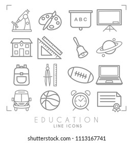 Outline thin black and white icons set. Education collection. Mathematics,  astronomy, sport games, computer and paint equipment, school bus, school building and alarm clock. 
