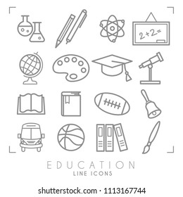 Outline thin black and white icons set. Education collection. Chemisrty, physics, mathematics, geography, astronomy, sport games and paint. Vector objects and symbols.