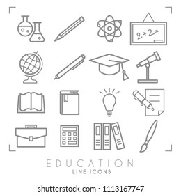 Outline thin black and white icons set. Education collection. Chemisrty, physics, mathematics, geography, astronomy and paint. Vector objects and symbols.