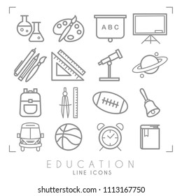 Outline thin black and white icons set. Education collection. Chemisrty, physics, mathematics, geography, astronomy, sport games and paint equipment, school bus and alarm clock. 