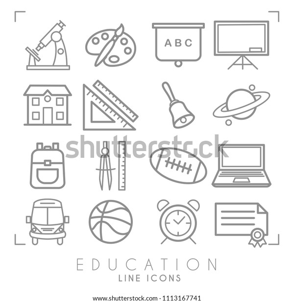 Outline thin black and\
white icons set. Education collection. Mathematics,  astronomy,\
sport games, computer and paint equipment, school bus, school\
building and alarm clock.\
