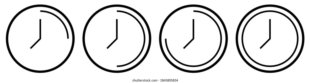 Contorno a la colección de iconos de reloj delgado. Pictograma de reloj aislado sobre fondo blanco. Ajuste de temporizador de redondeo con barra de progreso. Símbolo de Stopwatch con flecha. Pictograma de alarma. Reloj en círculo. EPS vectorial 10