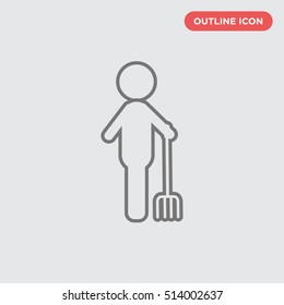 Outline of thin farmer, pitchfork in humans hand vector icon on gray background