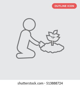 Outline thin gardener icon, person and flower vector on gray background