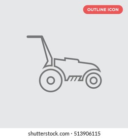 Outline thin grass mowing machine vector icon on gray background