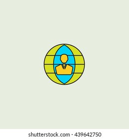 Outline thin Human behind world colorful icon vector, green and blue