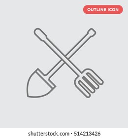 Outline of thin slim spade and pitchfork vector icon, agronomics on gray background