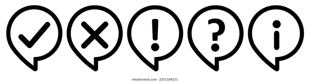 Umrissmarkensatz-Prüfzeichen, Kreuz, X-Zeichen, Ausrufepunkt, Frage- und Informationsmarkierungsvektor. Zick, Kreuz, Ausrufezeichen, Frage und Infozeichen gesetzt in Denkkreis schwarz.