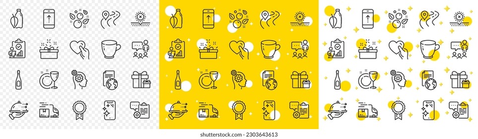 Outline Thoughts, Reward and Smartphone clean line icons pack for web with Present box, Food delivery, Road line icon. No sun, Clipboard, Surprise package pictogram icon. People chatting. Vector