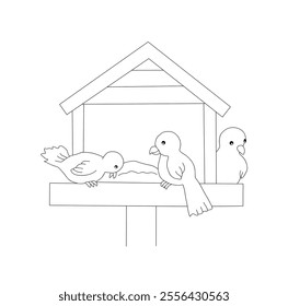 Outline of three birds sit in a house-shaped feeder. Vector illustration on a white background