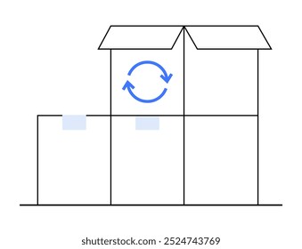 Outline of three boxes with one open featuring a recycling symbol on it. Simple and clean style. Ideal for packaging, recycling, moving, eco-friendly themes, and minimalistic design