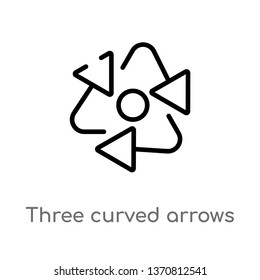 outline three curved arrows vector icon. isolated black simple line element illustration from arrows concept. editable vector stroke three curved arrows icon on white background