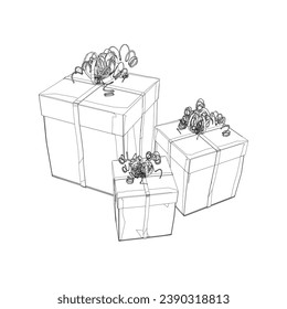 Outline of three gift boxes with ribbons made from black lines isolated on a white background. Visa perspective. Vector illustration.