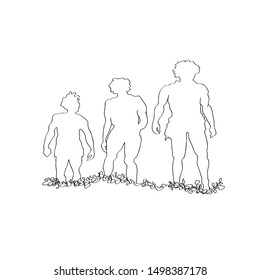 Outline of three men in the grass. hand-drawn silhouettes-vector