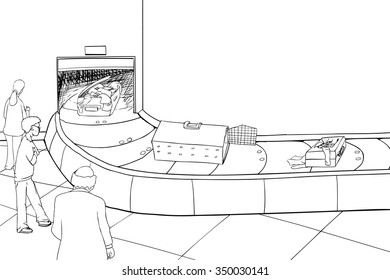 Outline of three people looking at damaged baggage
