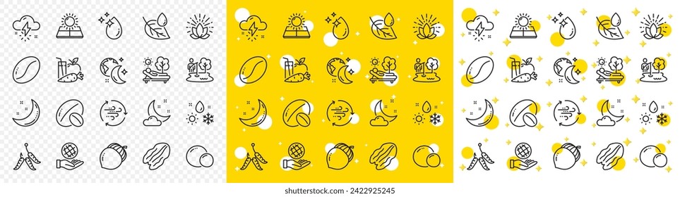 Outline Thunderstorm weather, Lotus and Fishing place line icons pack for web with Night weather, Lounger, Moon stars line icon. Sleep, Juice, Sun energy pictogram icon. Water drop, Peas. Vector