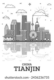 Outline Tianjin China City Skyline with Modern Buildings and reflections Isolated on White. Vector Illustration. Tianjin Cityscape with Landmarks.