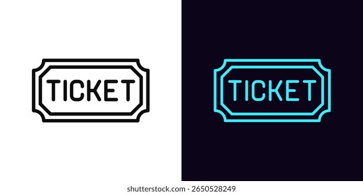 Outline ticket icon, with editable stroke. Cinema ticket with text, digital pass icon. Entrance ticket to sport event or music performance, party admission, early game pass, gift coupon. Vector icon
