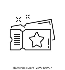 Outline ticket with star, pass isolated outline icon. Vector gift coupon, movie ticket, entrance pass, raffle and lottery card thin line